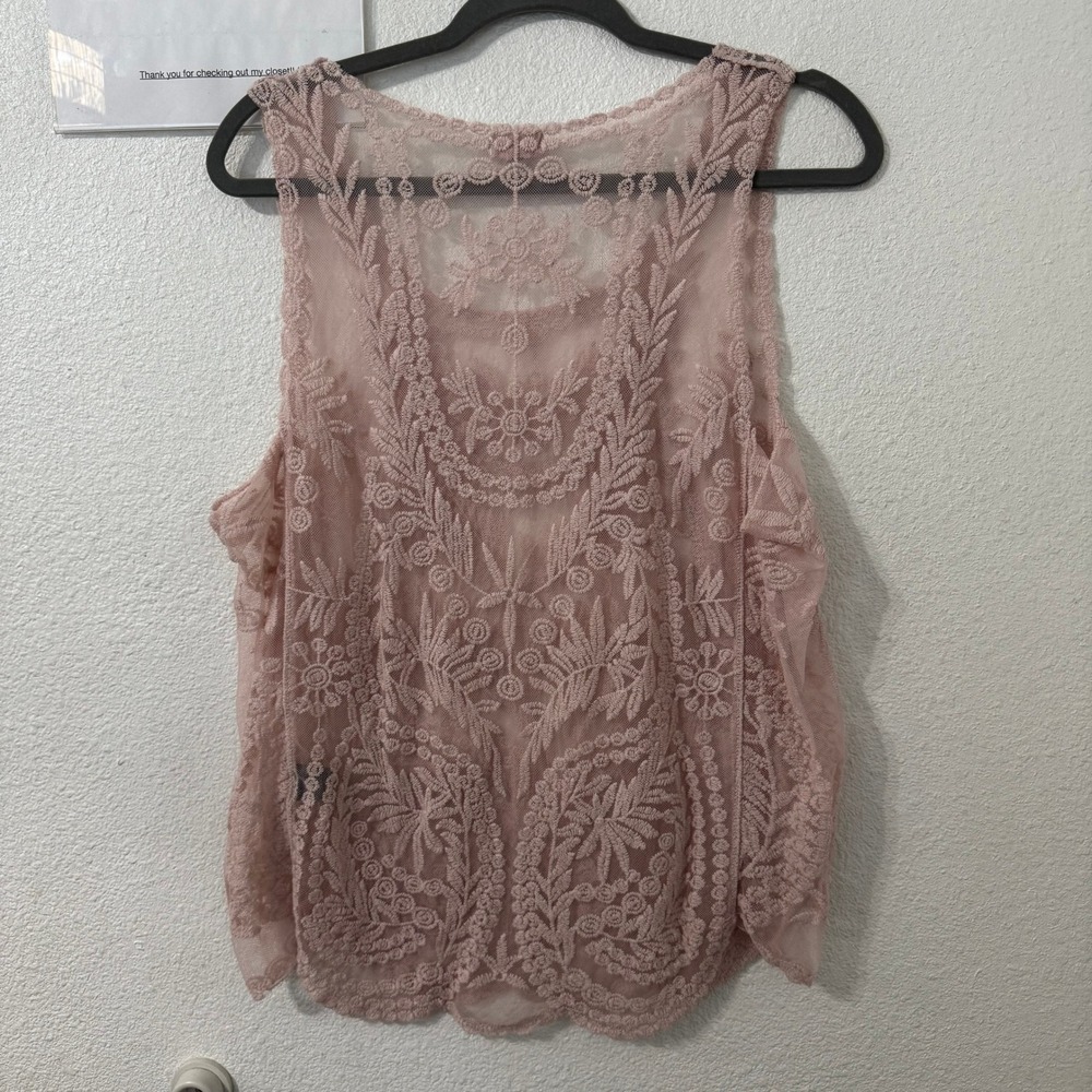 POL Sheer Pink Embroidered Floral Lace Mesh Tank Top M/L Boho Romantic Fairy - Picture 3 of 5